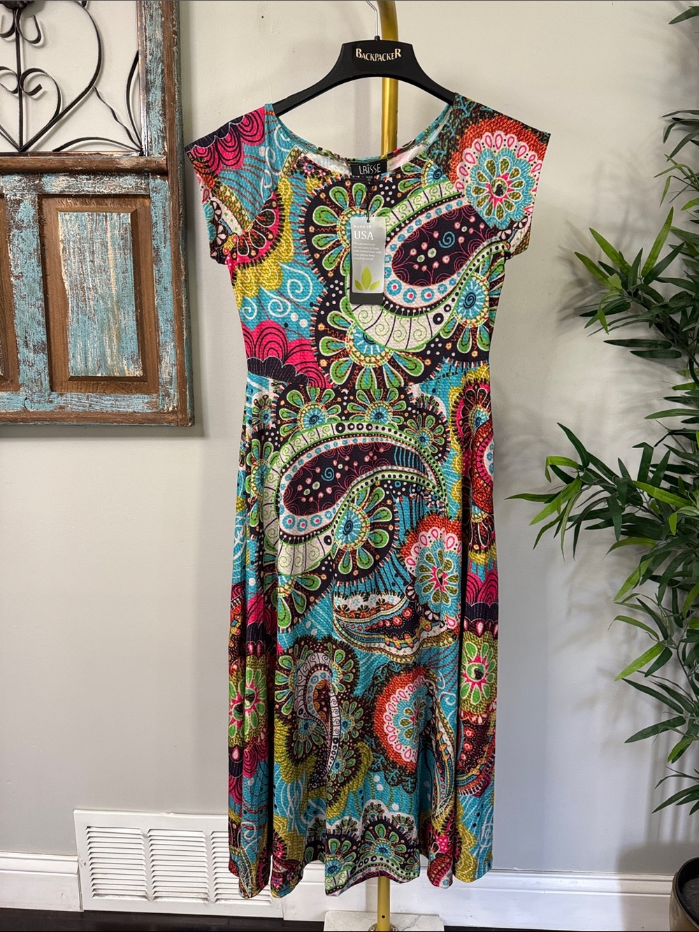 LBISSE Bohemian Multicolor Paisley Midi Dress with Scoop Neck NWT L